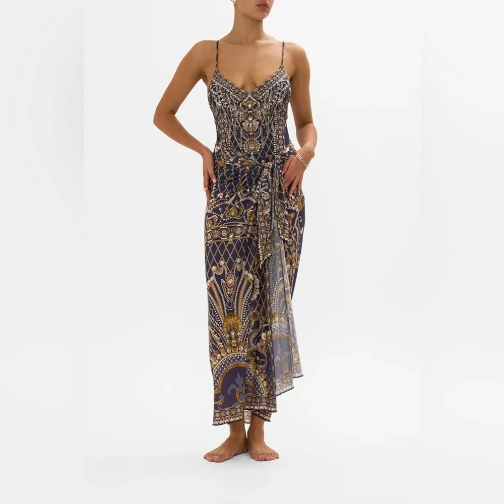 Camilla Dance With the Duke navy boho baroque long sarong swim coverup skirt OS